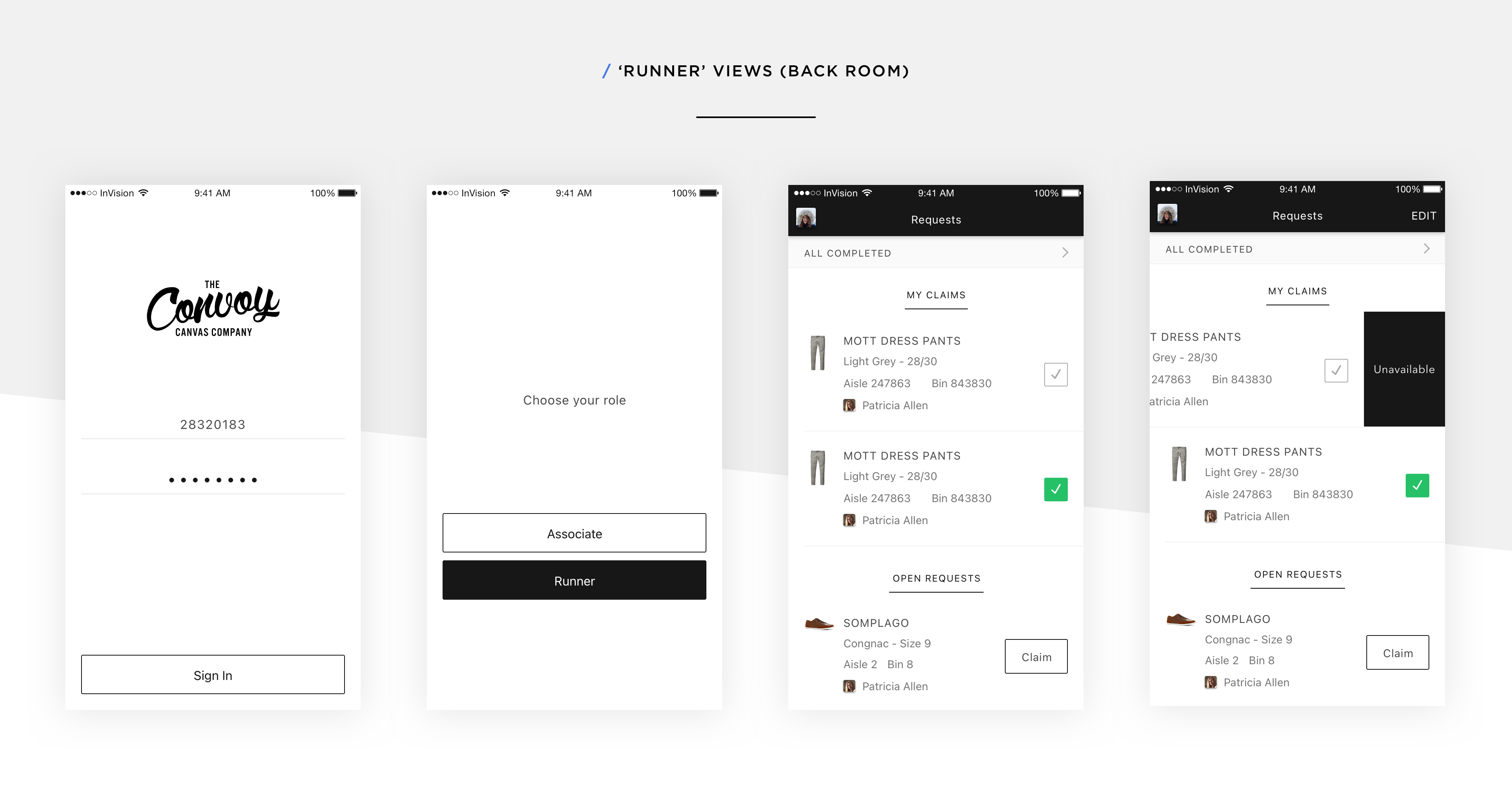 Kinetic Associate App · runner (back room) views