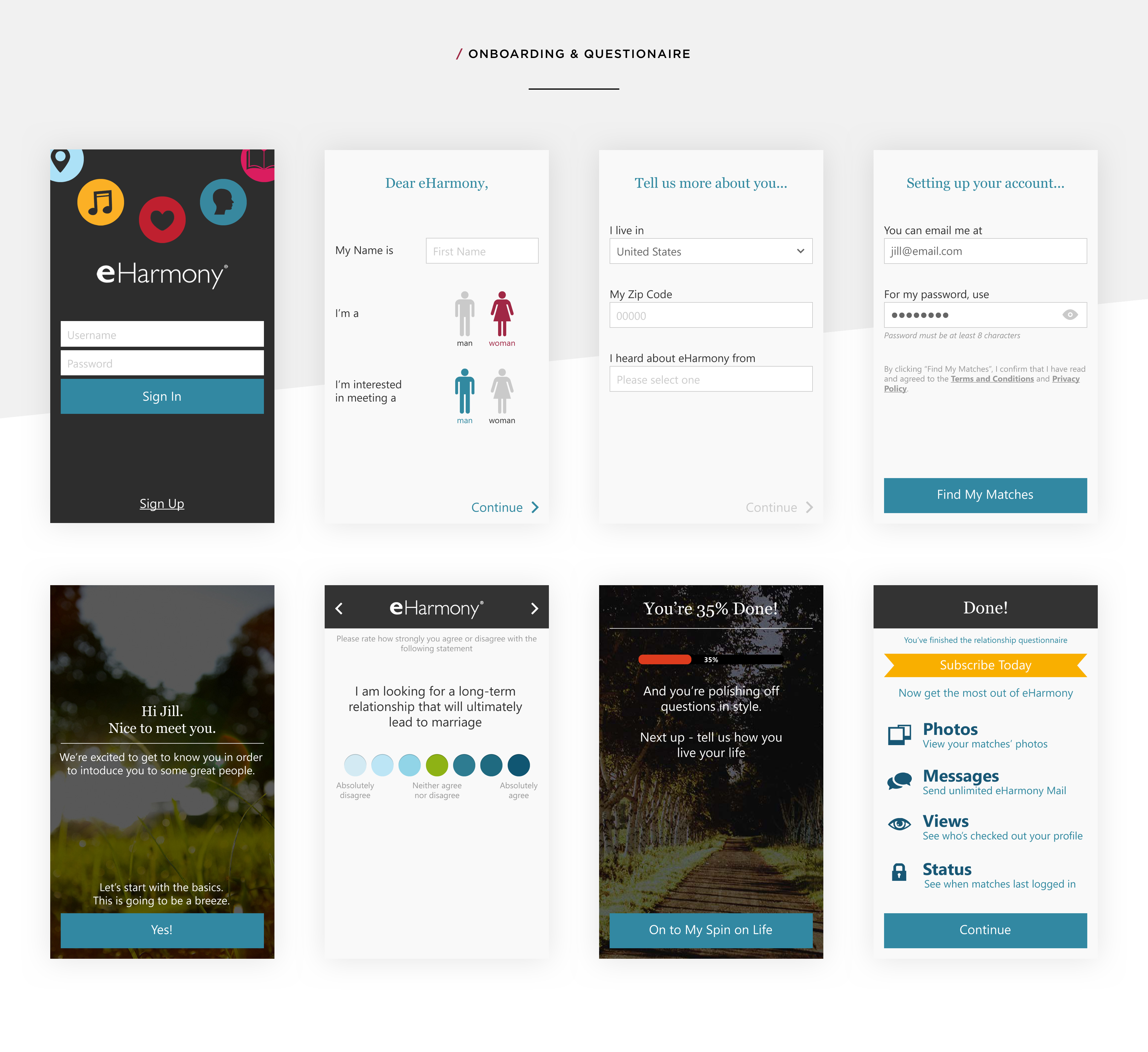 eHarmony onboarding and questionnaire flow