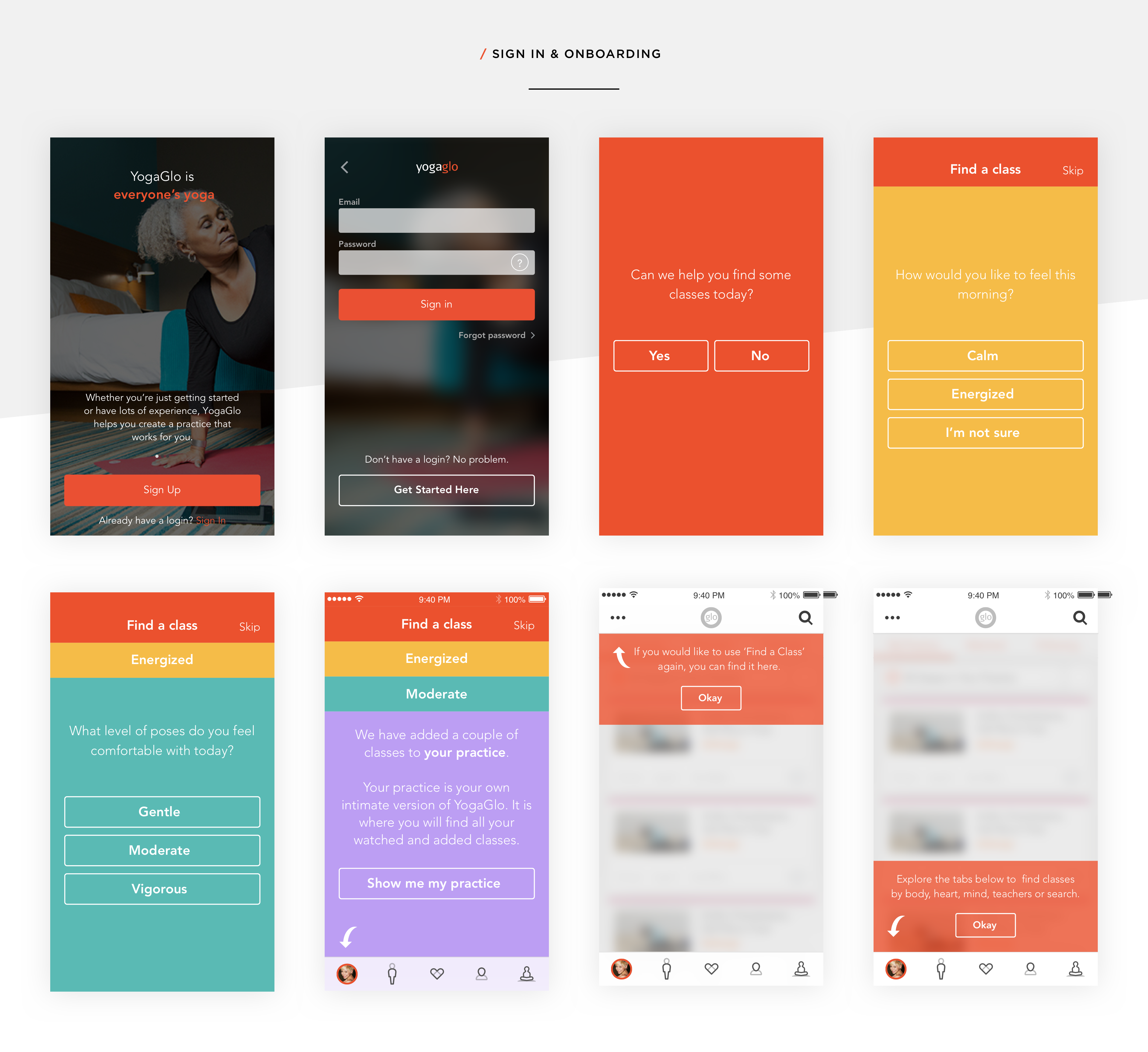 YogaGlo sign in and onboarding