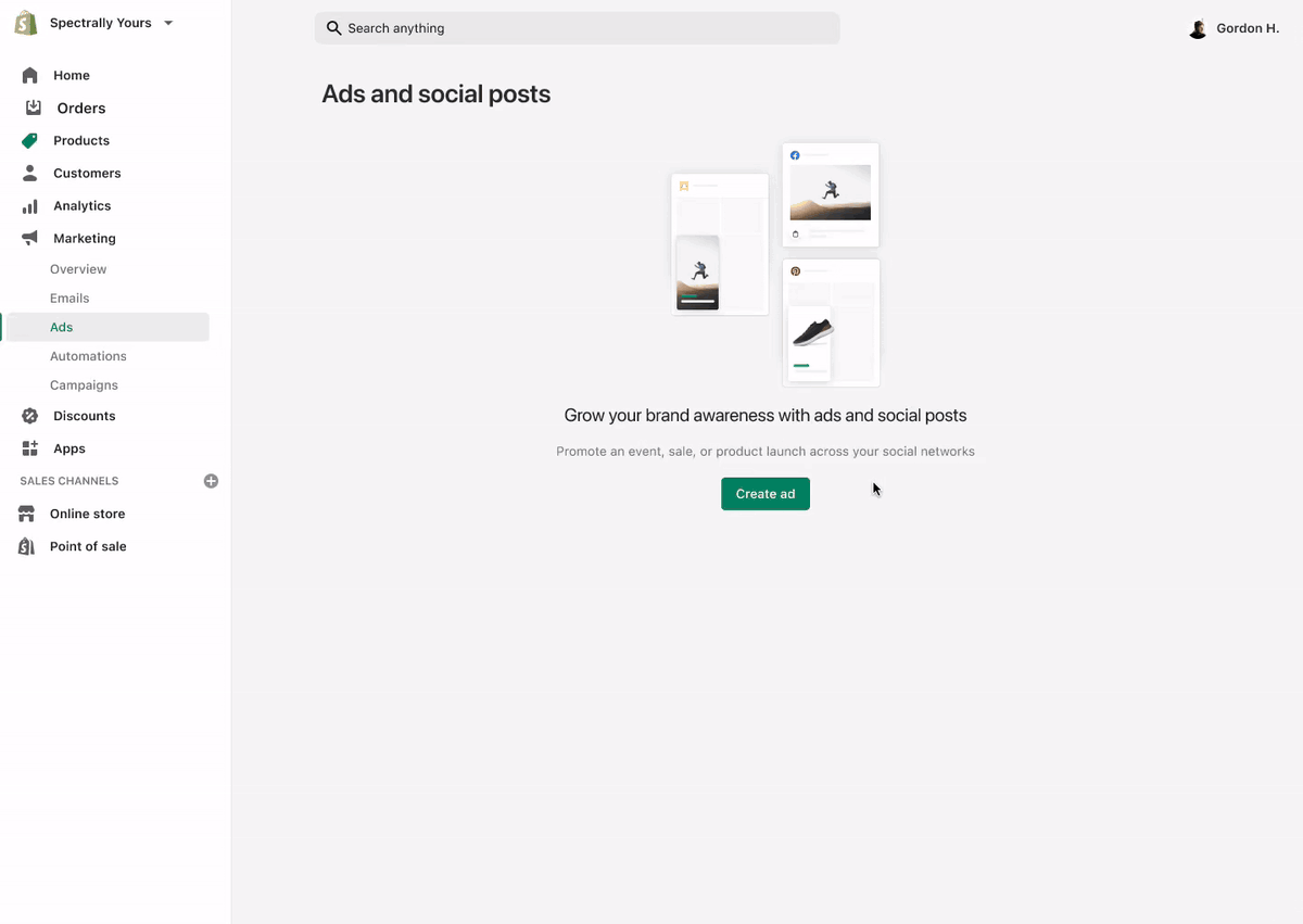 Demo of the Ad Integrations flow in Shopify's Marketing Tab: connecting and monitoring Google and Facebook ad accounts