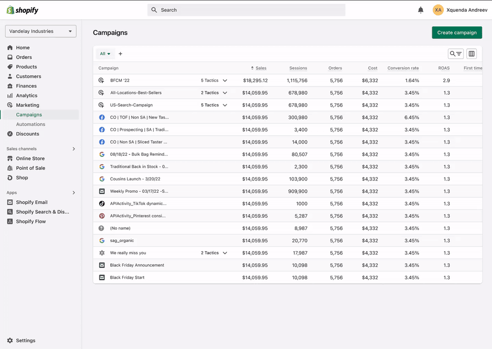 Demo of the Unified Marketing View: every campaign, Shopify and external, in a single table with status, revenue, and spend